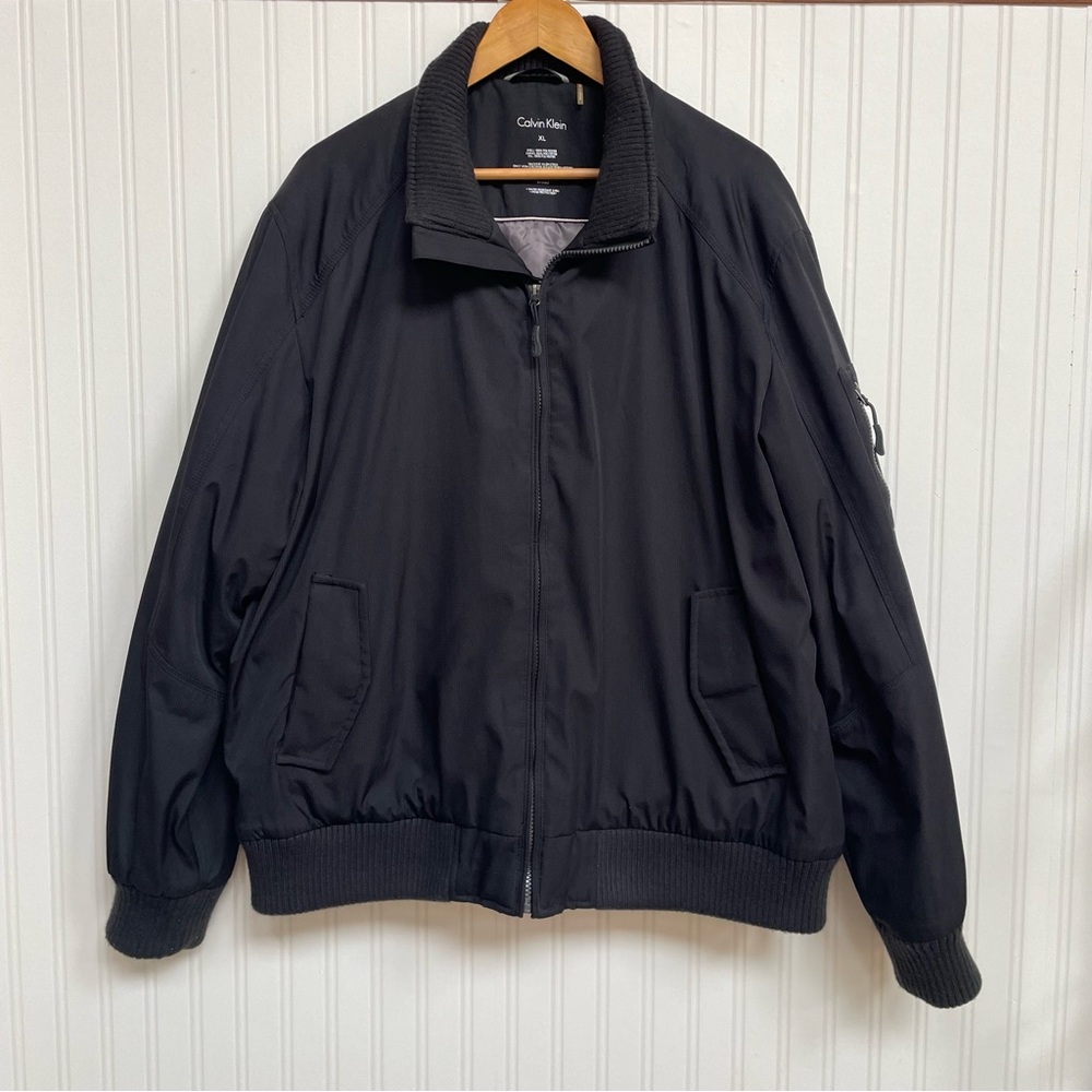 Calvin Klein Quilted Bomber Jacket Men's XL Black Full Zip Pockets Rib Knit Trim
